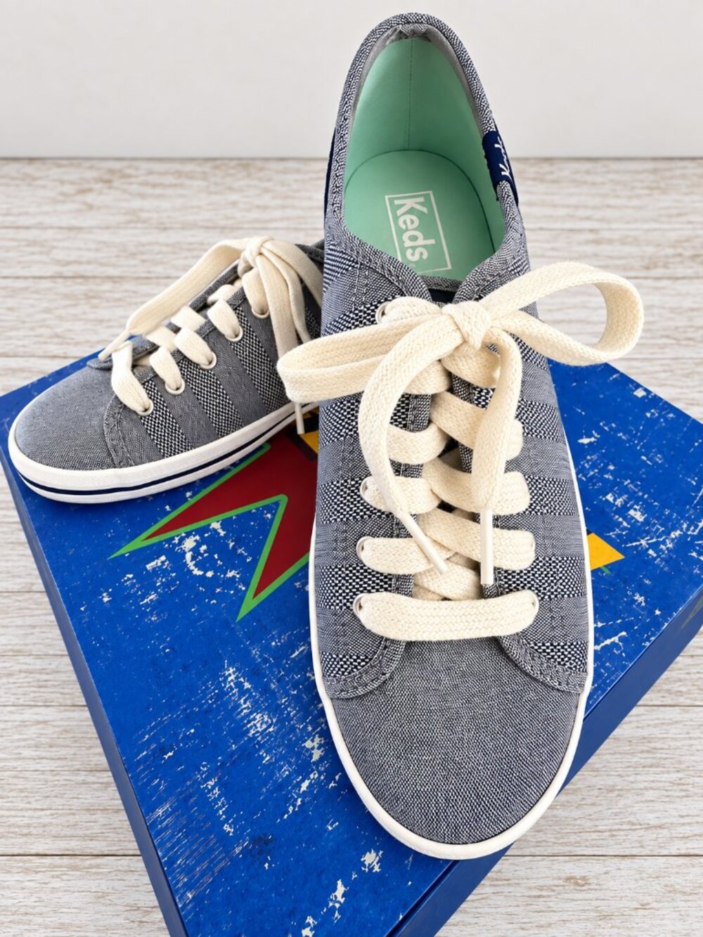 Keds Navy-&-White Mixed-Pattern Canvas Sneakers, Women’s Size 8